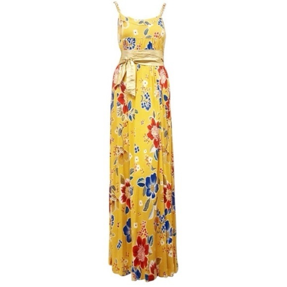 D&G Yellow Print Gold Belted Chain Trim Maxi Dress Size 44 - Picture 2 of 16